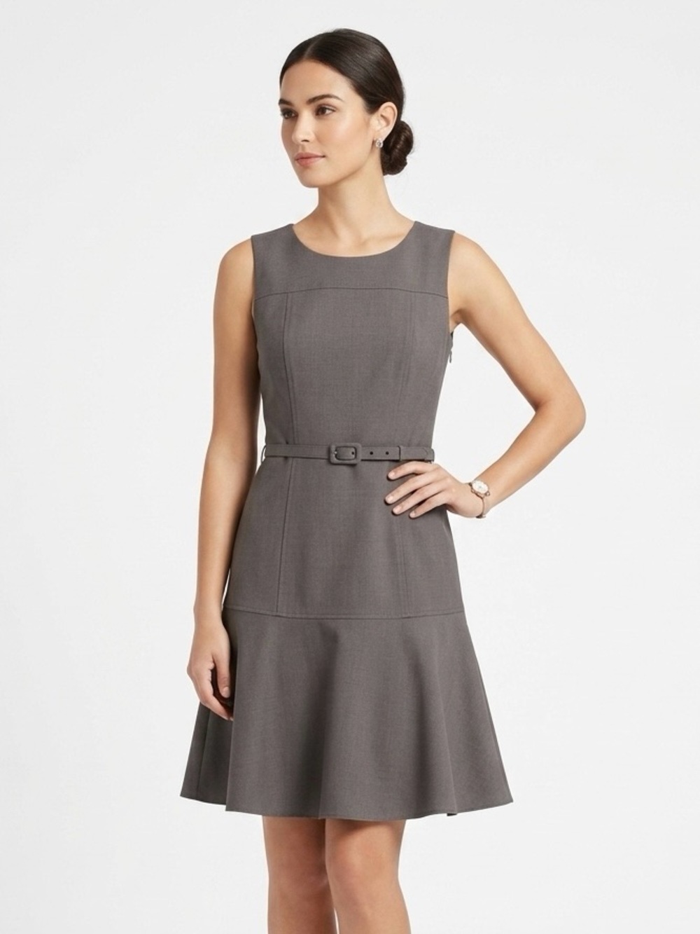 Nine West,  Gray Sleeveless Belted Fit-and-Flare Dress - M